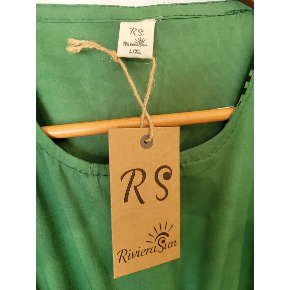 Riviera Sun Women's Kaftan Maxi Dress L/XL Green Tribal Print Drawstring Boho - Picture 4 of 5